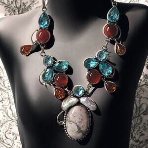 Sterling Silver Gemstone Necklace With Blue Topaz, Carnelian, Amber, And Pearls